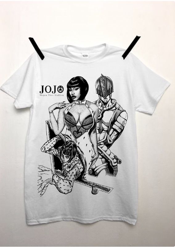 Shirt that shows Megan Thee Stallion cosplaying as Bucciarti from Jojo's